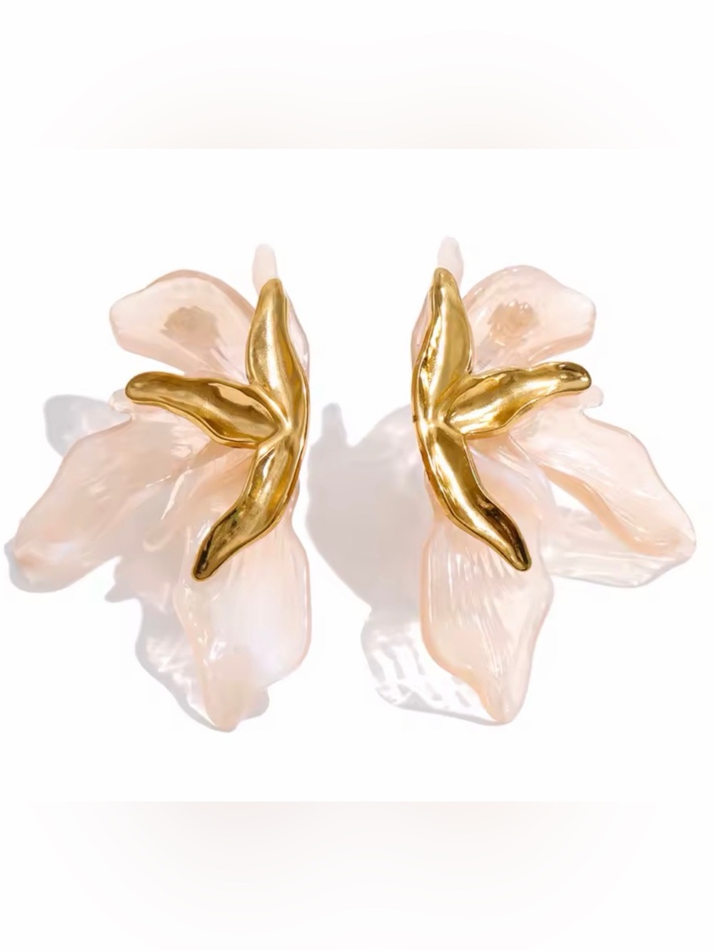 Gold tone and Pearl Pink Floral Petal Drop Earrings - Picture 8 of 11